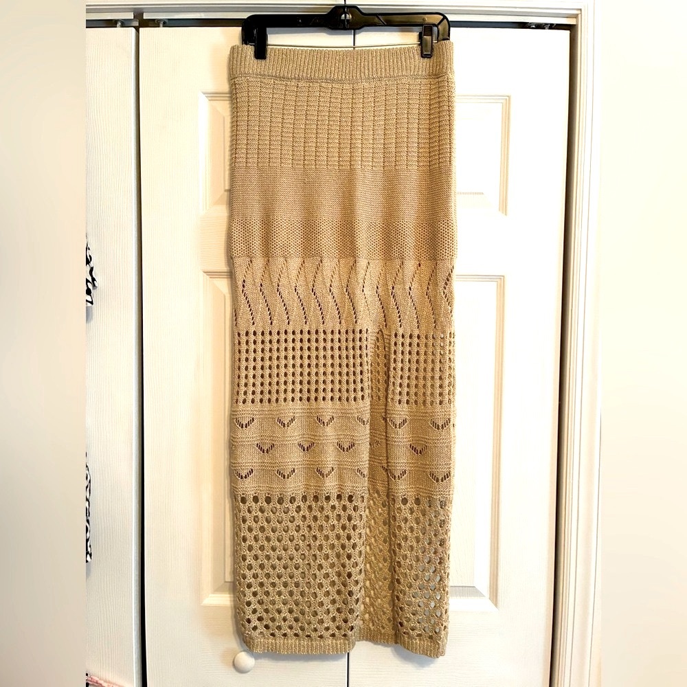 Gold Threaded Light Tan Knit Maxi Skirt - Picture 2 of 14